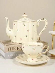 一个法式陶瓷茶壶，高端碎花和草莓设计水壶，适合家庭、俱乐部、茶馆使用，适合户外、露营 - 米色 - 查看 5