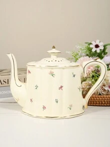 一个法式陶瓷茶壶，高端碎花和草莓设计水壶，适合家庭、俱乐部、茶馆使用，适合户外、露营 - 米色 - 查看 1