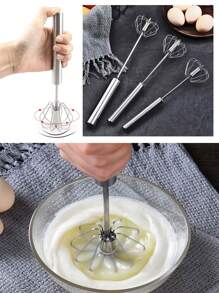 1pc 304 Stainless Steel Semi-Automatic Egg Beater, Cream Mixer, Household Semi-Automatic Rotary Egg Beater, Press And Rotate Mixer, Stainless Steel Automatic Rotary Cream Device Egg Beater, Easy Mixing Egg Beater In Kitchen - Silver - View 3