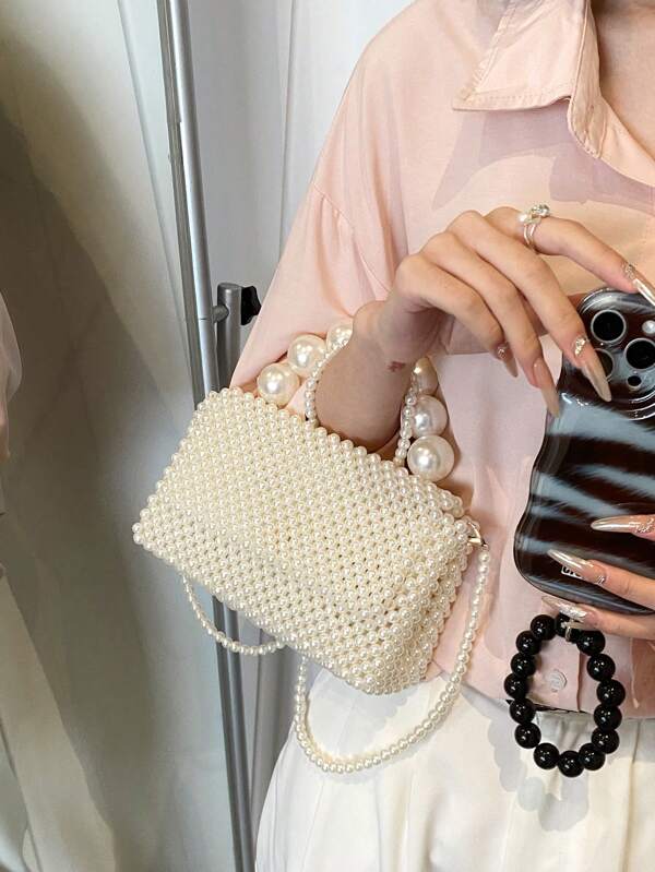 1pc Solid Color Faux Pearl Beaded Handmade Magnetic Closure Classic Square Fashionable And Elegant Lady Handbag With Pearl Details For Shoulder Or Cross-Body Wear, Suitable For Spring, Summer, Festival Gift Or Daily/Travel Outfits