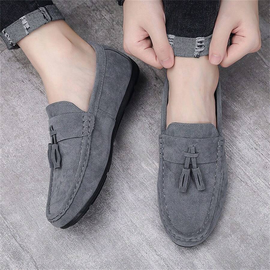Men's Suede Loafers, Slip-On Casual Flat Driving Shoes With Matte Finish - Grey - View 1