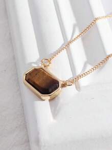 1pc Fashionable Candy-Colored Natural Stone Rectangle-Shaped Simple Short Necklace, Daily Wear - Gold - View 6