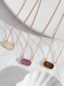 1pc Fashionable Candy-Colored Natural Stone Rectangle-Shaped Simple Short Necklace, Daily Wear - Gold - View 7