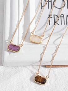 1pc Fashionable Candy-Colored Natural Stone Rectangle-Shaped Simple Short Necklace, Daily Wear - Gold - View 9