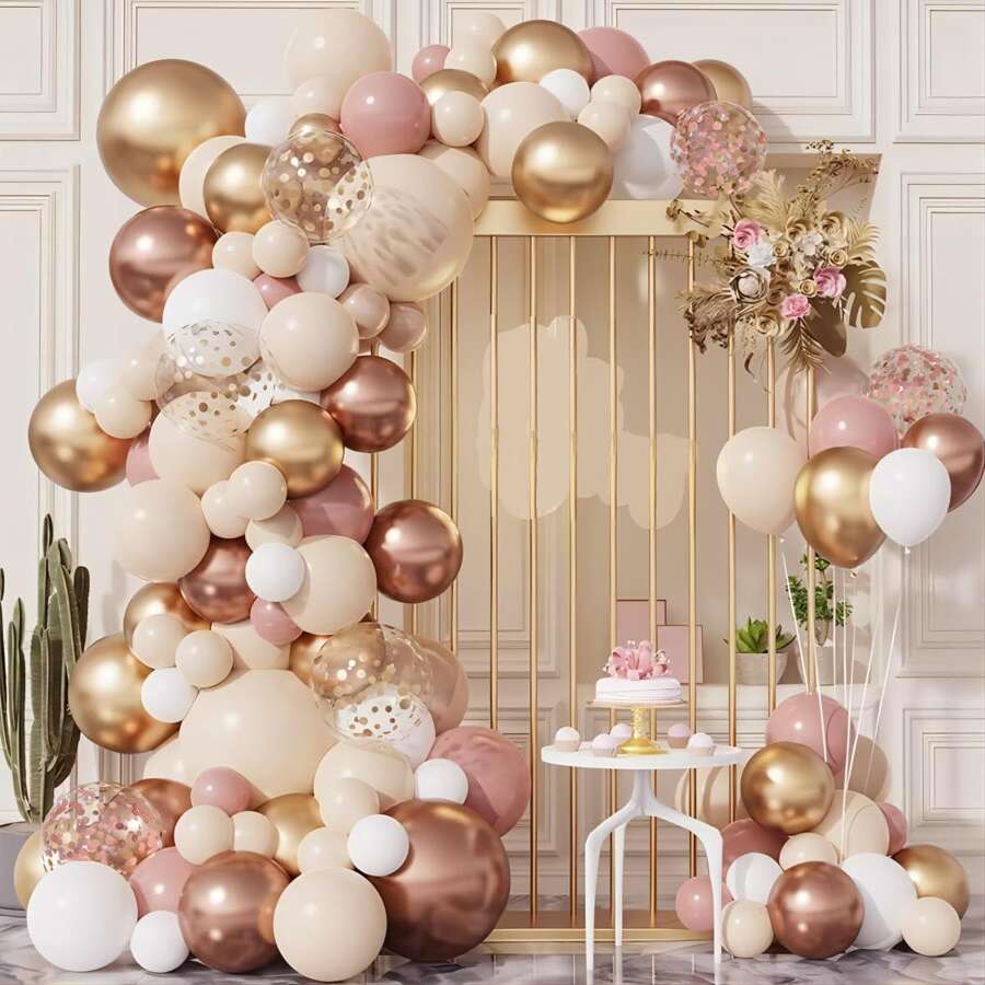 WellParti 143pcs Balloon Set, Pink And Rose Gold Balloon Arch Set, Gold Confetti Metallic Pastel Macaron Balloons, Suitable For Wedding, Birthday, Baby Shower, Anniversary, Graduation Party Decoration Supplies