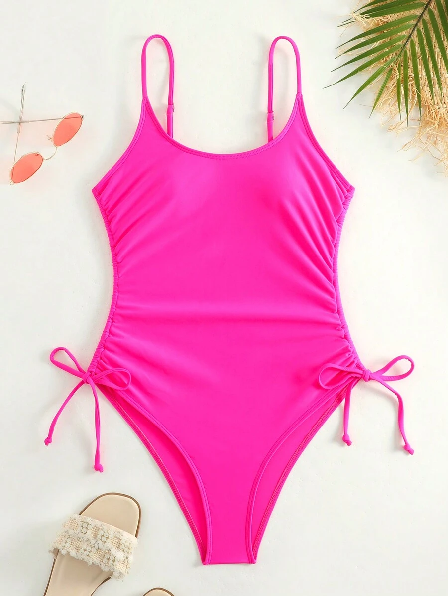 Solid Color Drawstring Adjustable Shoulder Strap Women's Sexy One Piece Swimsuit For Summer - Hot Pink - View 1
