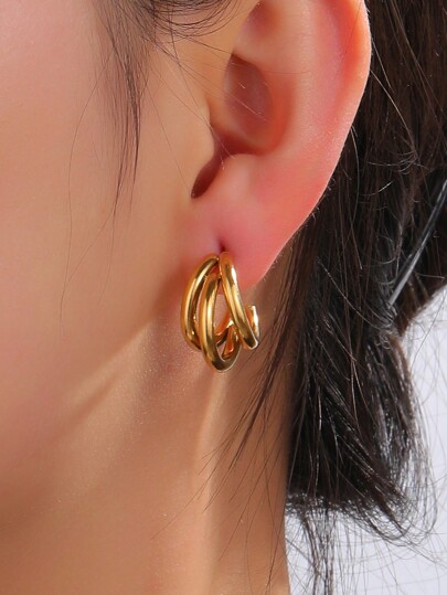 1pair Fashionable And Elegant Stainless Steel 18k Gold Plated Triple Hoop Earrings, Suitable For Women's Daily Wear And Party Wearing
