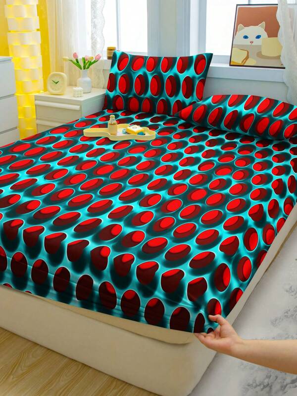 1pc Honeycomb Red Diamond Printed Brushed Fitted Sheet, Bedroom Printed Fitted Sheet, Bedding (Pillowcase Not Included)