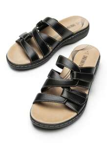 Women's Slides Sandals Slip On Adjustable Straps Comfort Soft Cushion Slippers Flat Sandals - 黑色 - 查看 6