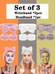 Bộ (3 chiếc) Băng đô trang trí nơ bằng polyester dùng khi tắm & 2 vòng đeo tay rửa mặt, Băng đô trang điểm mặt màu hồng dễ thương có thể giặt được & Vòng đeo tay khi tắm Trang trí phòng tắm tại nhà Trang trí mùa thu Trở lại trường - Nhiều màu - Xem 4
