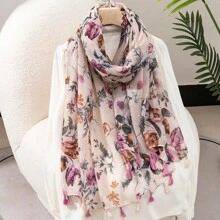 Boho 1pc Women's Retro Flower Printed Lightweight Holiday Sunscreen Shawl Scarf With Tassel Suitable For Daily Wear Accessories Women Winter Fall Valentine's Day Valentines