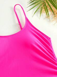 Solid Color Drawstring Adjustable Shoulder Strap Women's Sexy One Piece Swimsuit For Summer - Hot Pink - View 3