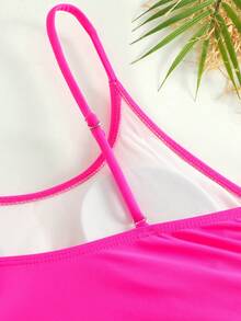 Solid Color Drawstring Adjustable Shoulder Strap Women's Sexy One Piece Swimsuit For Summer - Hot Pink - View 4