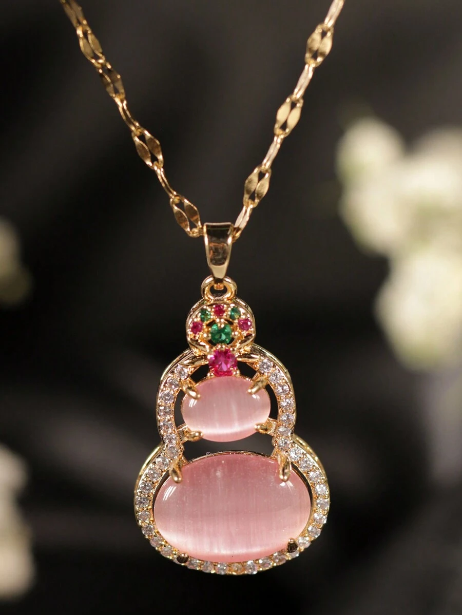 1入金鍍鏈條項鍊配鈦鋼紅色、粉色和多色貓眼石葫蘆吊墜,適用於女士派對或情侶禮物