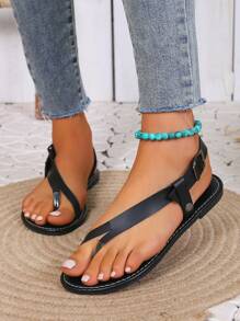 男女通用可调节丁字裤款式圆头平底凉鞋，超大尺码，适合春夏季，复古时尚度假简约户外休闲经典黑色平价鞋 - 黑色 - 查看 8