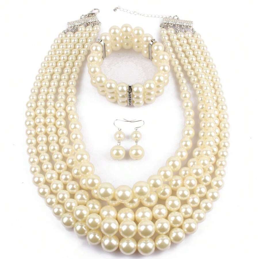 Faux Pearl Beaded Four-Piece Multi-Layer Necklace Set