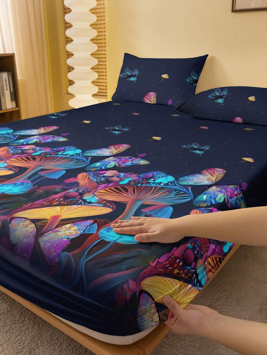 1件蘑菇印花毛絨床鋪，臥室印花床罩，床單（不含枕套） - 彩色 - 查看 1