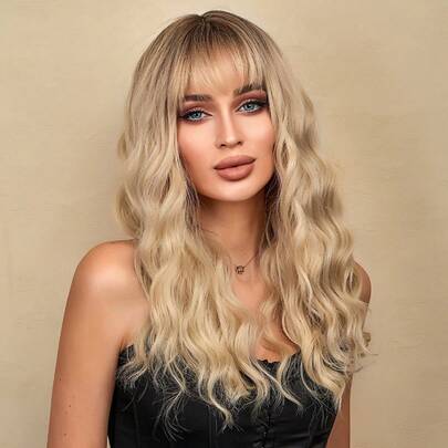 22吋長捲髮帶劉海假髮,自然柔軟的合成纖維頭髮更換假髮,適用於女性日常和派對使用