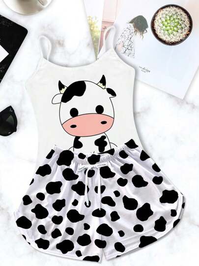 Conjunto Pijama Feminino Baby Doll Vaquinha Preta Cow Print