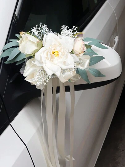 1 件人造花婚车装饰丝带花卉摄影道具新娘车门把手后视镜装饰婚礼过道装饰椅背花花卉长椅婚礼装饰仪式用雪纺丝带装饰