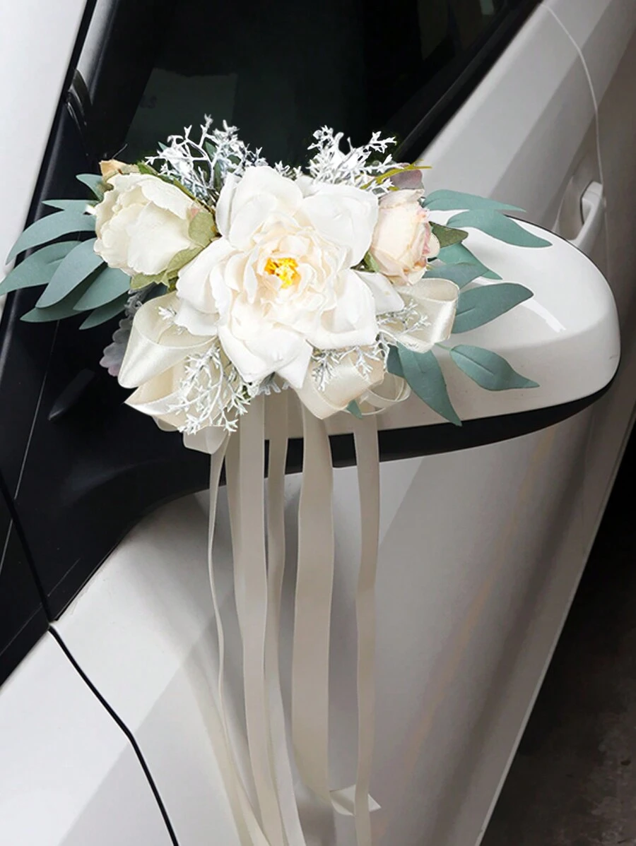 1 件人造花婚车装饰丝带花卉摄影道具新娘车门把手后视镜装饰婚礼过道装饰椅背花花卉长椅婚礼装饰仪式用雪纺丝带装饰