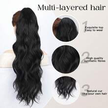 24英寸長身體波浪馬尾髮延伸合成耐熱繞繩彎曲波浪馬尾女士髮片（自然黑色）