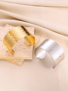 1pc Fashionable Gold Stainless Steel Geometric Embossed Wide Cuff Bracelet For Women, Daily Wear And Gift - Yellow Gold - View 2