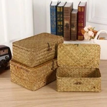 1set Straw Braided Storage Basket, Minimalist Desktop Storage Basket For Home - Brown - View 4