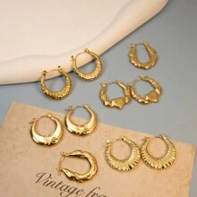 5對簡約不銹鋼圓形/方形/扭結油壓環耳環套裝 - 金色 - 查看 19