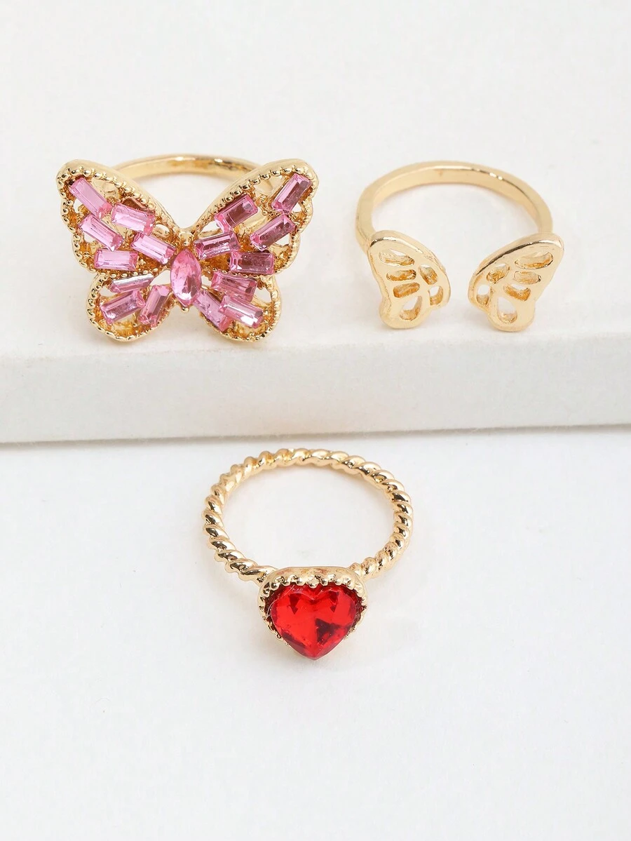 Bộ 3 nhẫn hình trái tim và bướm dành cho bé gái, thích hợp để trang trí hàng ngày. - Nhiều màu - Xem 1