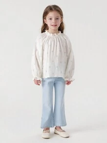 MARC&JANIE 少女甜美可愛的郁金香花紋立領泡袖長袖襯衫,適用於春季