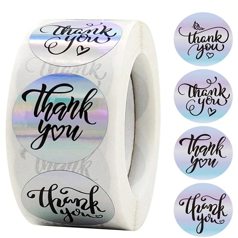 500pcs/Roll Round Laser Thank You Stickers, Party Favor Decorative Stickers Back To School - Multicolor - View 1