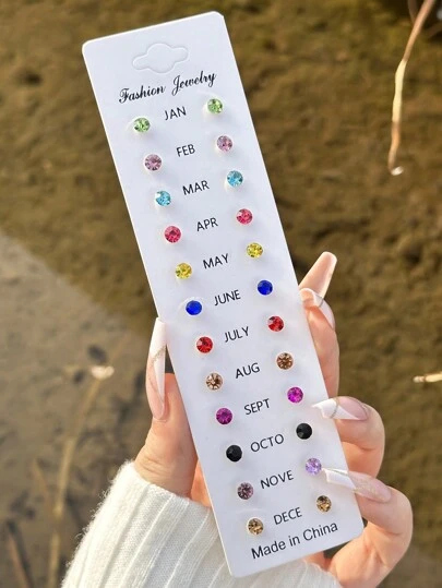 12入組多色寶石鑲嵌水晶耳環