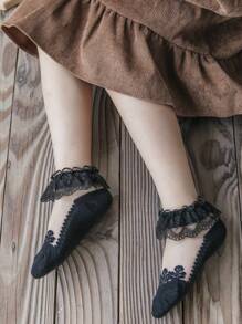 1 đôi Mùa hè Mỏng Thoáng Khí Ren Pha lê Lụa băng Ngắn Vớ - màu đen - Xem 2