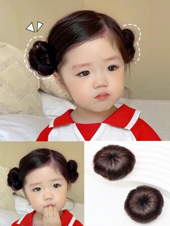 1pair Cute & Realistic Dark Brown Synthetic Hair Bun Clip For Girls' Daily Life Or Vacation