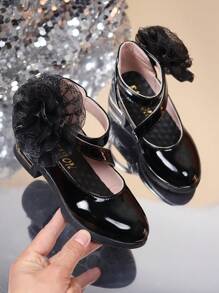 1 Paar Mädchen-pu-leder, Glänzende Oberfläche, Spitze, Blumendekoration, Modische, Vielseitige, Flache Schuhe Im Prinzessinnen-stil Für Frühling, Sommer, Herbst