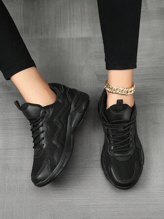 女士休闲运动鞋，透气网面皮革拼接跑步鞋，时尚个性休闲运动鞋，适合女学生、户外、派对等场合，轻便舒适，四季皆宜