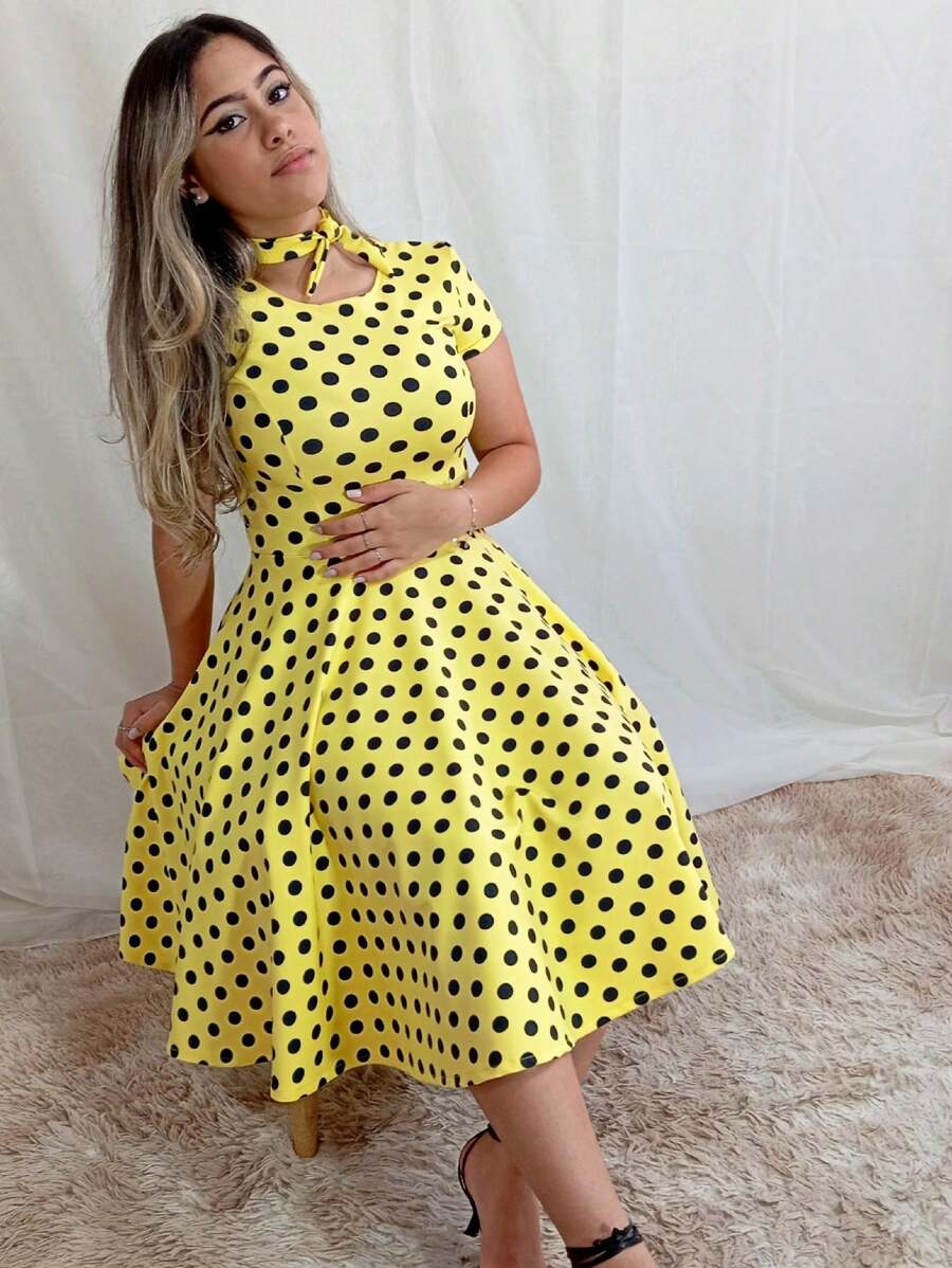Vestido Poá Anos 80 Com Manga - Poá Amarelo - Visão 1