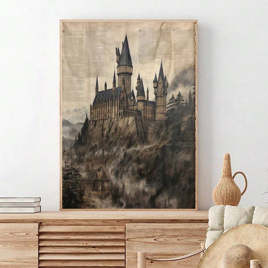 1pc Medieval Castle Oil Painting, Canvas Material, Vintage Style, Suitable For Wall Decoration, Such As Room, Hallway, Bedroom, Office, Living Room (Framed/Unframed)