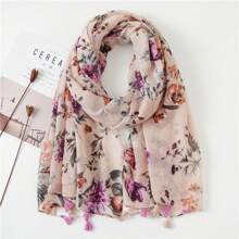Boho 1pc Women's Retro Flower Printed Lightweight Holiday Sunscreen Shawl Scarf With Tassel Suitable For Daily Wear Accessories Women Winter Fall Valentine's Day Valentines