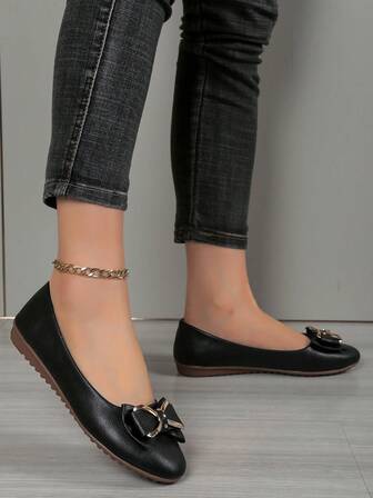 Soft Sole Round Toe Flat Shoes For Women, Comfortable Work Shoes, Casual Slip-On Flat Loafers, Bowknot Decor, Orange, Plus Size