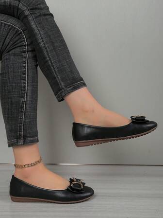 Mjuka platta skor med rund tå för kvinnor, bekväma arbetsskor, platta loafers med slip-on-motiv, rosettdekor, orange, plus size