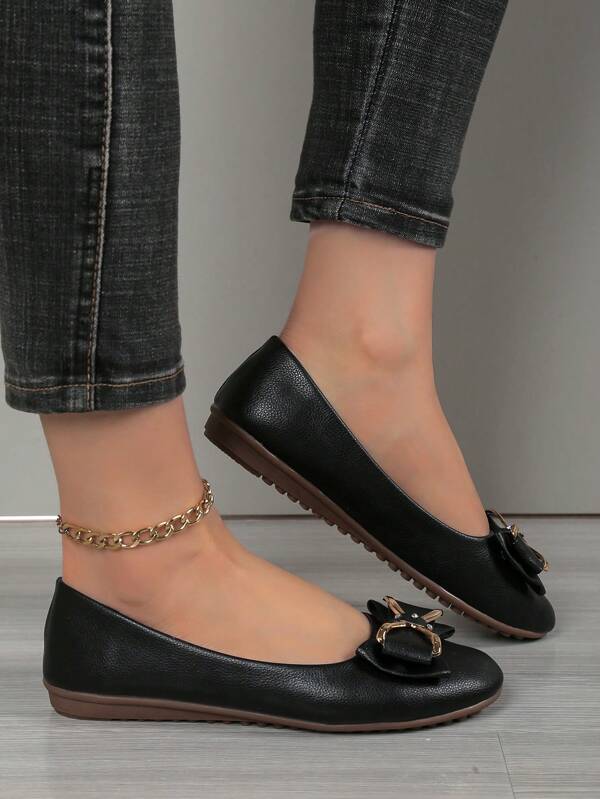 Soft Sole Round Toe Flat Shoes For Women, Comfortable Work Shoes, Casual Slip-On Flat Loafers, Bowknot Decor, Orange, Plus Size