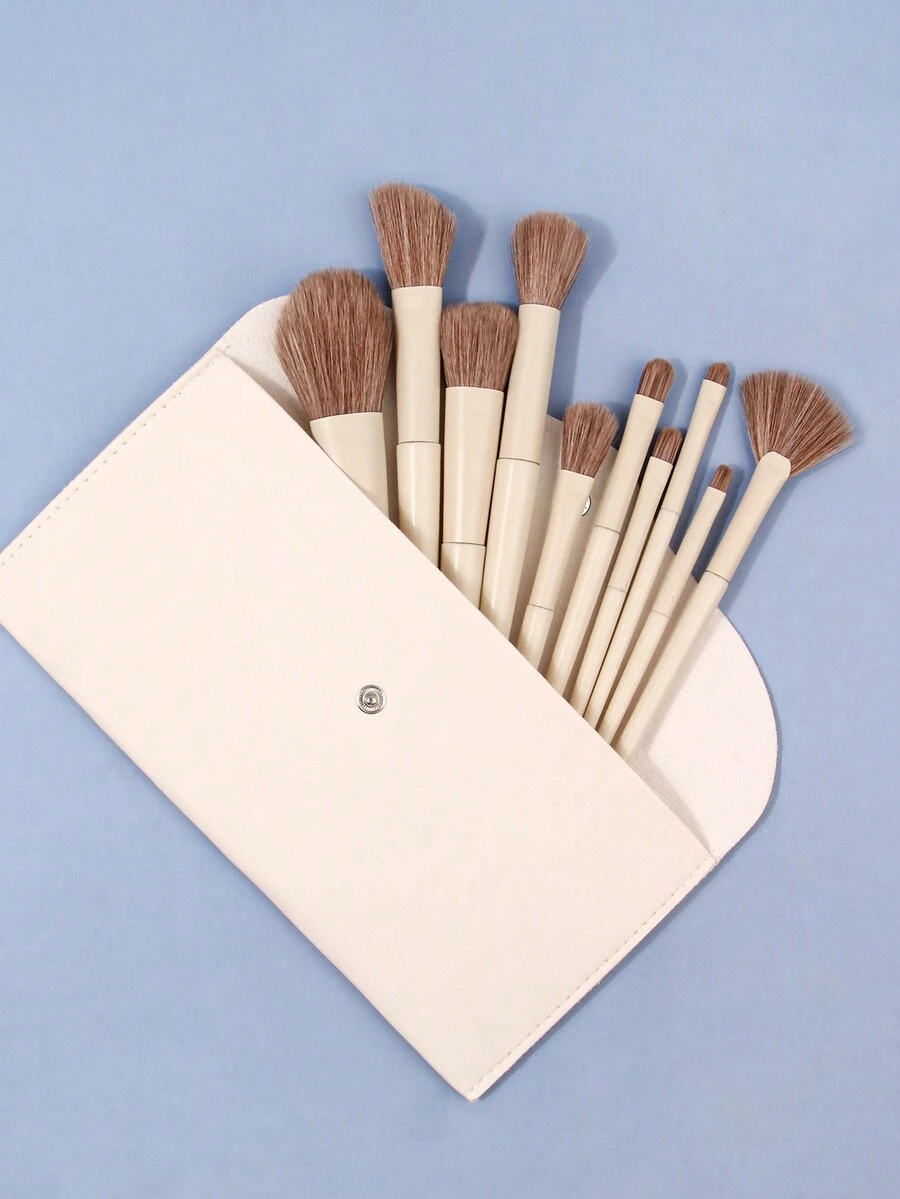 10pcs/Set Milky White Envelope Packing Makeup Brushes, Includes Powder