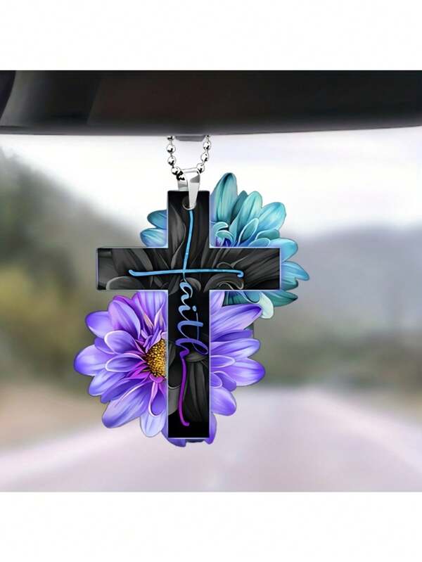 1pc Jesus Cross Flower, 2D Acrylic Decorative Pendant, Car Accessories, Interior Rearview Mirror Decorative Pendant, Bag & Key Chain Accessories,Home Decor ,Room Decor,Wall Decor Gifts Birthday Graduation