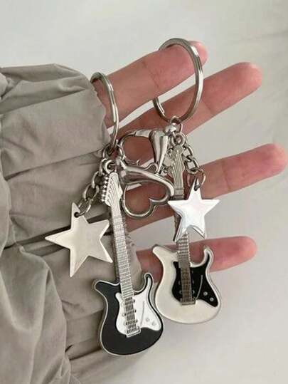 2pcs/Set Punk Hip-Hop Y2k Style Sexy Heart Star Guitar Pendant Keychain, Unisex Couple Backpack Hanging Decoration Accessories For Music Festival, Valentine'S Day Gift Valentines
