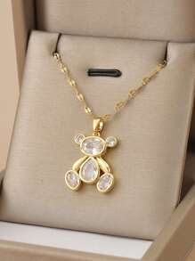 1 件时尚方晶锆石熊形不锈钢女士项链，1 对时尚方晶锆石熊形不锈钢女士耳环，黄金首饰，金项链，女士配饰，送给她的礼物，派对，暑假 - 白色 - 查看 2