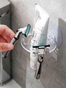 1pc Multi-Functional Wall Mounted Toothbrush Holder - Creative Punch-Free Bathroom Storage Rack - Clear - View 3