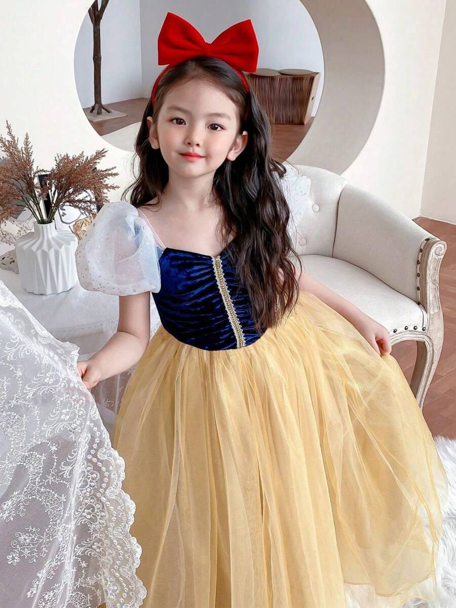 Young Girl Colorblock Puff Sleeve Yellow Mesh White Snow Elegant Party Dress, Princess Dress Suitable For Girls' Birthday Party, Banquet, Wedding Flower Girl, Holiday Celebration - Multicolor - View 1
