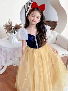 Young Girl Colorblock Puff Sleeve Yellow Mesh White Snow Elegant Party Dress, Princess Dress Suitable For Girls' Birthday Party, Banquet, Wedding Flower Girl, Holiday Celebration - Multicolor - View 3